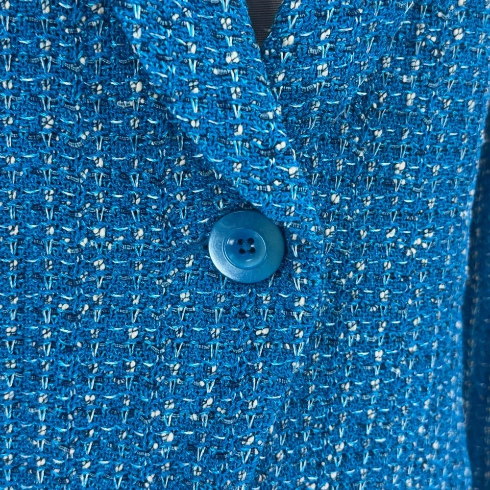 ST. JOHN Knits Boucle Tweed Blazer Wool Blend Stretch Blue White Jacket Size 10 - Picture 6 of 13